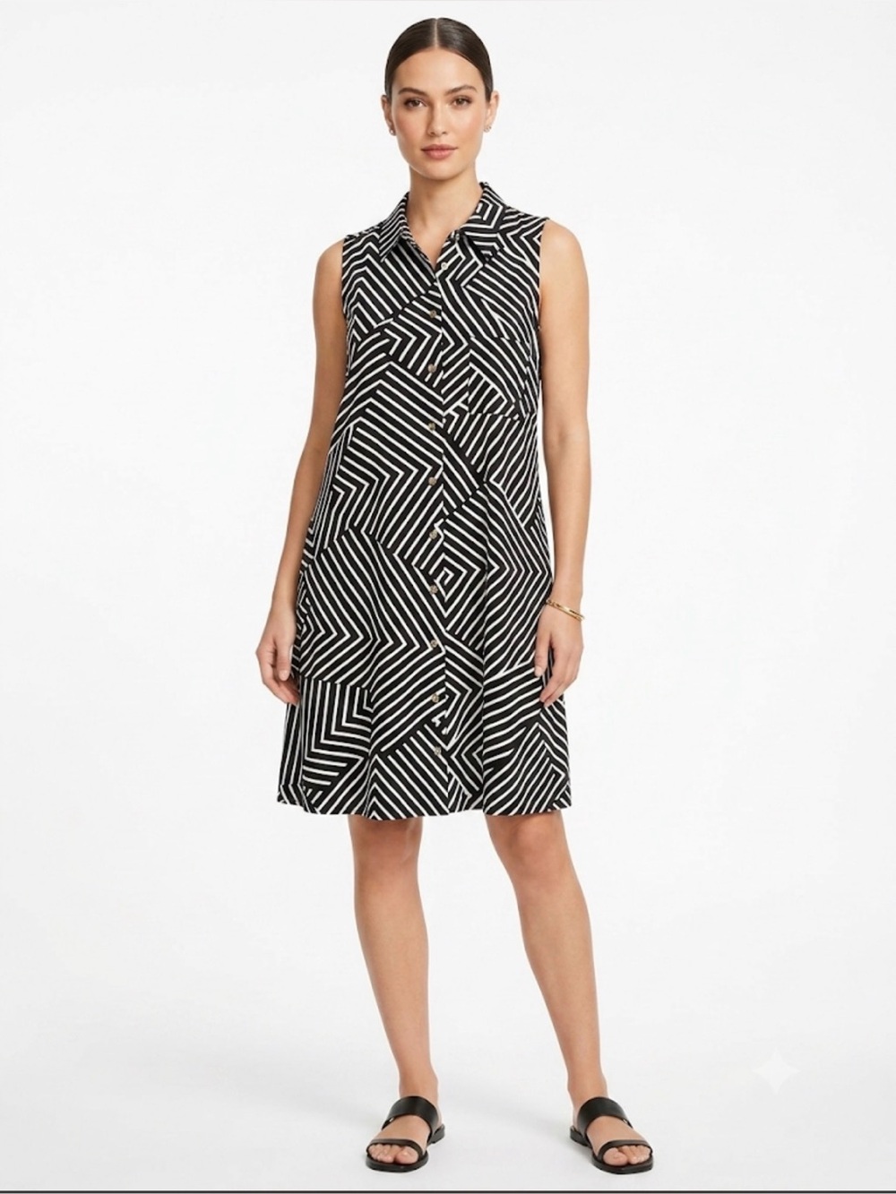 Alfani Geometric Sleeveless Button Front Tunic Top Black White Women’s 14